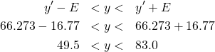 \begin{eqnarray*} y^{\prime} - E & < y < & y^{\prime} + E \\ 66.273 - 16.77 & < y < & 66.273 + 16.77 \\ 49.5 & < y < & 83.0 \end{eqnarray*}