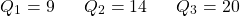 \[ Q_{1} = 9 \hspace{.25in} Q_{2} = 14 \hspace{.25in} Q_{3} = 20 \]