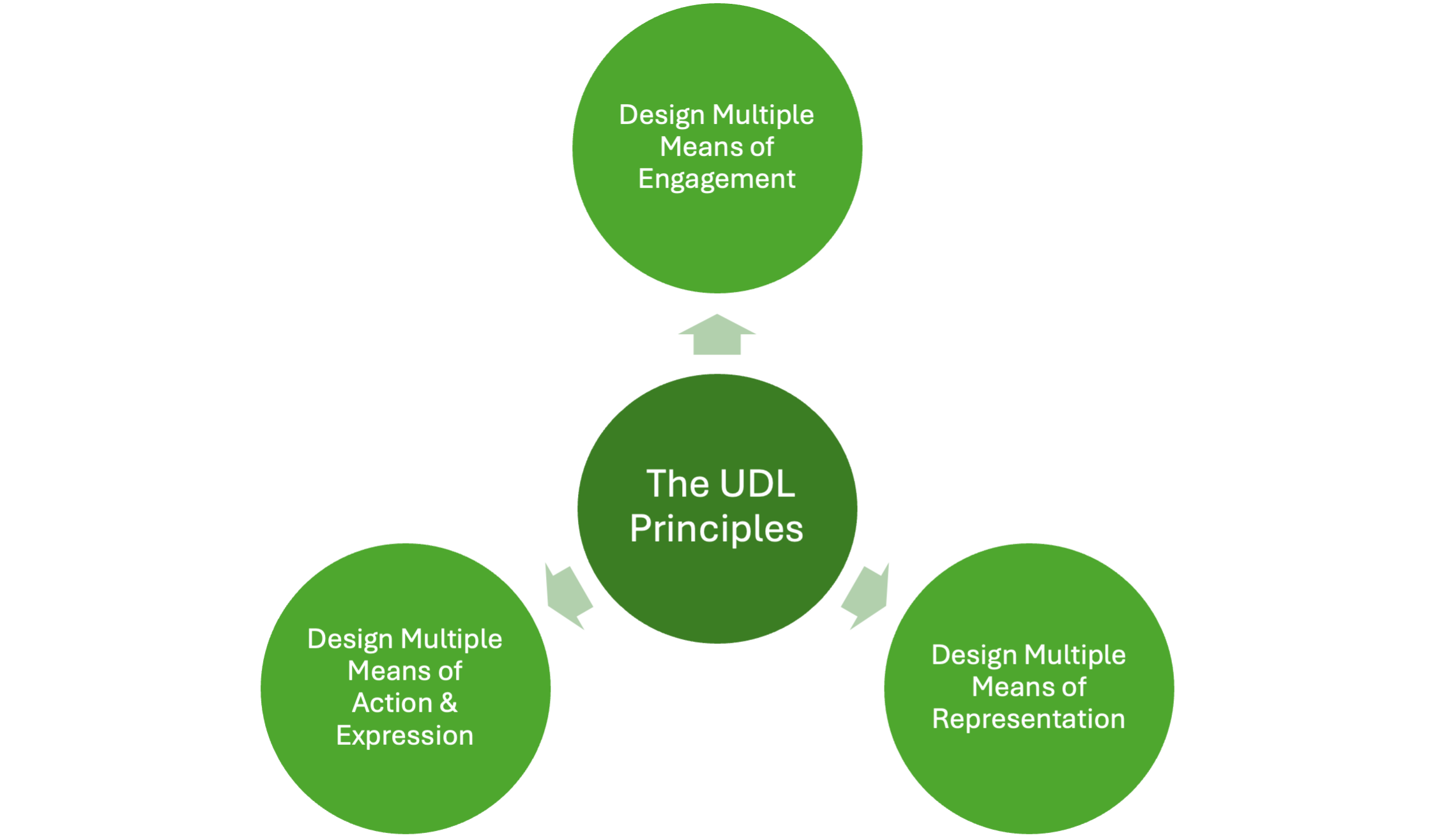 The 3 UDL Principles are: Design Multiple Means of Engagement, Design Multiple Means of Representation, Design Multiple Means of Action & Expression