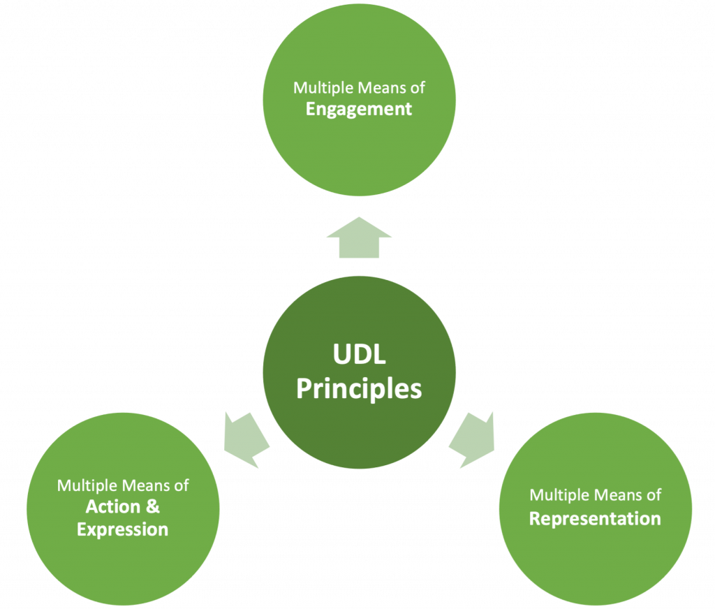 The 3 UDL Principles are: Multiple Means of Engagement, Multiple Means of Representation, Multiple Means of Action & Expression