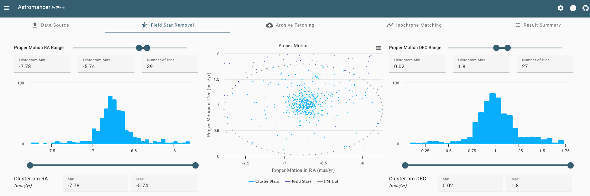 Clustermancer Field Star Removal proper motion plots