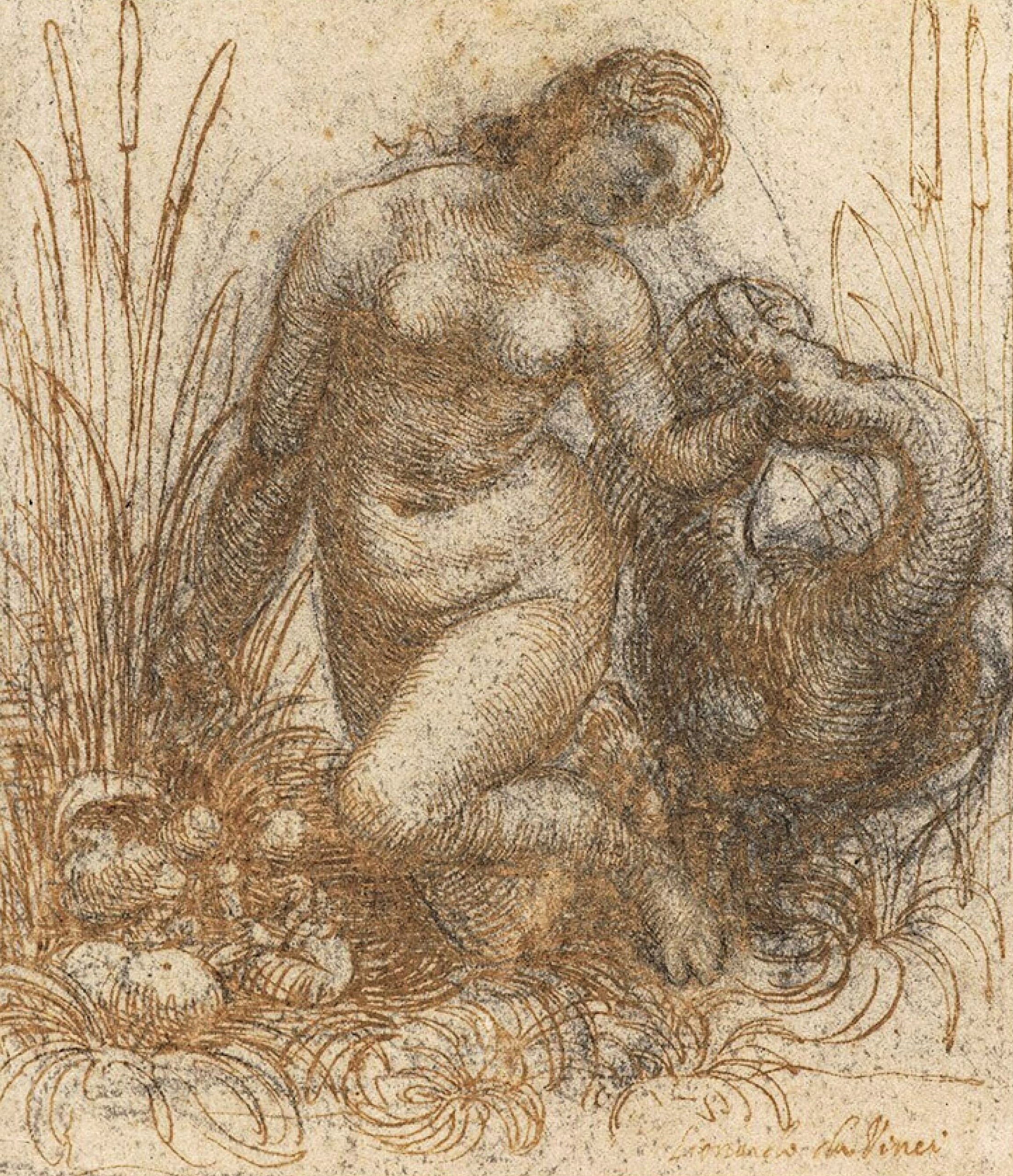 A sketch of Leda kneeling between a swan's eggs and the swan.