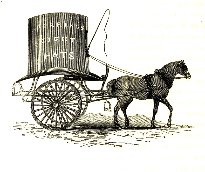 A horse pulls a carriage shaped like a top-hat with the words "Perring's Light Hats"