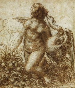 A charcoal, chalk, and ink study of Leonardo da Vinci's "Leda and the Swan." In it, Leda embraces the swan with one arm and pulls back lilies with the other to reveal their children hatching from eggs.