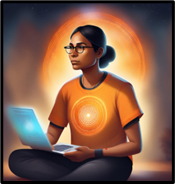 Note: Image generated using prompt “An Indigenous teacher wearing an orange t-shirt and black pants thinking about using AI to generate lessons” by Canva AI, 2023 (https://canva.com).