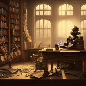 A messy library where there are stacks of paper on the desks and floor. A steampunk robot is writing an essay with a pen.