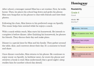 A screencapture of a text in Hemingway Editor. It has been analyzed at a grade 4 reading level.