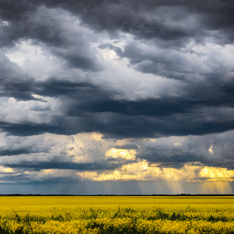 A massive thunderstorm on a late summer afternoon, dark and ominous clouds, Canadian prairie, fields of yellow canola, rural Saskatchewan, photo-realistic, cinematic. 4k, 8k.