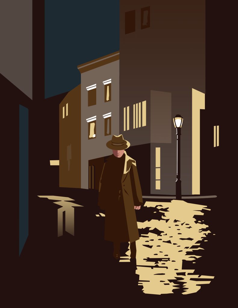 Photoshop digital painting based off of Craiyon AI generated images. A man wearing a fedora and trenchcoat stands on an empty cobblestone street, illuminated by a distant streetlamp. Shades of blue, brown and yellow.