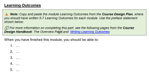 Screenshot of Module template Learning Outcomes section