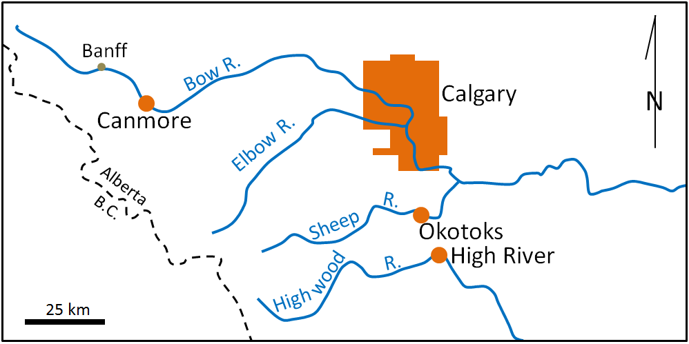Figure 13.27 Map of the communities most affected by the 2013 Alberta floods (in orange) [SE]