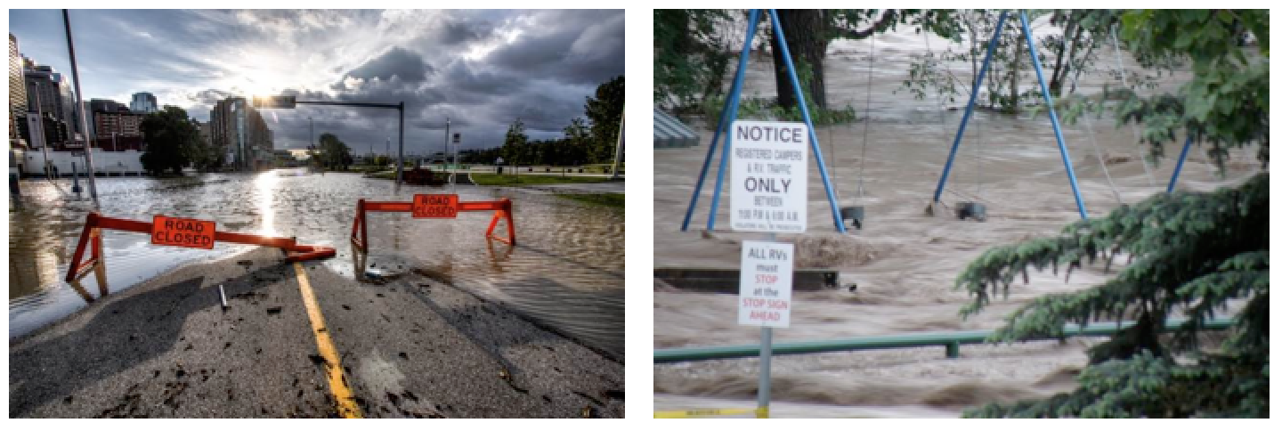 Figure 13.28 Flooding in Calgary (June 21, left) and Okotoks (June 20, right) during the 2013 southern Alberta flood [http://upload.wikimedia.org/wikipedia/commons/6/6a/Riverfront_Ave_Calgary_Flood_2013.jpg http://upload.wikimedia.org/wikipedia/en/9/9b/Okotoks_-_June_20%2C_2013_-_Flood_waters_in_local_campground_playground-03.JPG]