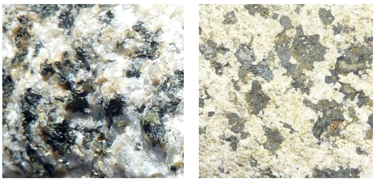 Unweathered (left) and weathered (right) surfaces of the same piece of granite. On the unweathered surfaces the feldspars are still fresh and glassy-looking. On the weathered surface the feldspar has been altered to the chalky-looking clay mineral kaolinite. [Steven Earle CC-BY 4.0]