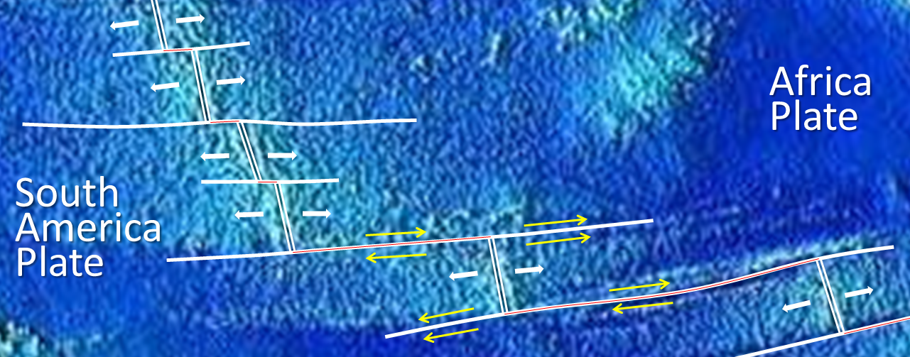Figure 4.17 A part of the mid-Atlantic ridge near the equator. The double white lines are spreading ridges. The solid white lines are fracture zones. As shown by the yellow arrows, the relative motion of the plates on either side of the fracture zones can be similar (arrows pointing the same direction) or opposite (arrows pointing opposite directions). Transform faults (red lines) are in between the ridge segments, where the yellow arrows point in opposite directions. [SE]
