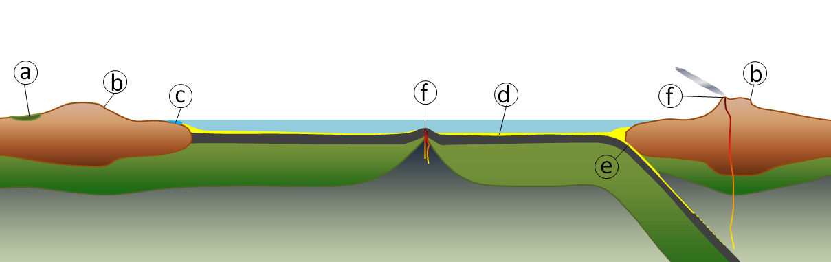 Geological component of the carbon cycle (a: carbon in organic matter stored in peat, coal and permafrost, b: weathering of silicate minerals converts atmospheric carbon dioxide to dissolved bicarbonate, c: dissolved carbon is converted to calcite by marine organisms, d: carbon compounds are stored in sediments, e: carbon-bearing sediments are transferred to longer-term storage in the mantle, and f: carbon dioxide is released back to atmosphere during volcanic eruptions.) [Steven Earle CC-BY 4.0]