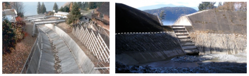 Figure 15.22 Two strategies for mitigating debris flows on the Sea-to-Sky Highway. Left: A concrete –lined channel on Alberta Creek allows debris to flow quickly through to the ocean. Right: A debris-flow catchment basin on Charles Creek. In 2010 a debris flow filled the basin to the level of the dotted white line. [SE]