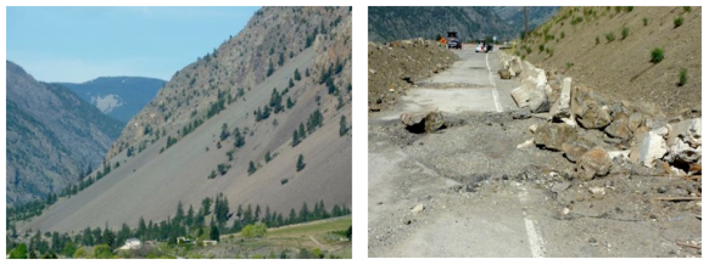 Figure 15.8 Left: A talus slope near Keremeos, B.C., formed by rock fall from the cliffs above. Right: The results of a rock fall onto a highway west of Keremeos in December 2014. [SE]