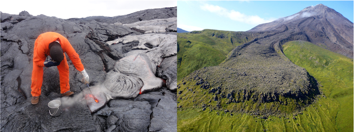 Lava flows. Left: A geologist collects a sample from a basaltic lava flow in Hawaii. Right: an andesitic lava flow from Kanaga Volcano in the Aleutian Islands. Source: Left- U. S. Geological Survey (2014) Public Domain; Right- Michelle Combs, U. S. Geological Survey (2015) Public Domain