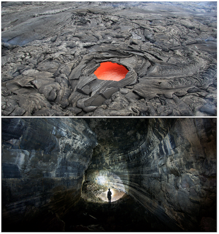 Lava tubes. Top: An opening in the roof of a lava tube (called a skylight) permitting a view of lava flowing through the tube (Puʻu ʻŌʻō crater, Kīlauea). The opening is approximately 6 m across. Bottom: Inside a lava tube that channelled lava away from Mt. St. Helens in an eruption 1,895 years ago. Sources: Top: U. S. Geological Survey (2016) Public Domain. Bottom: Thomas Shahan (2013) CC BY-NC 2.0