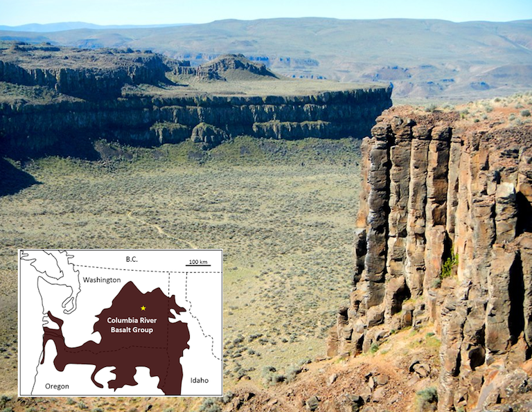 Part of the Columbia River Basalt Group at Frenchman Coulee, eastern Washington, United States. All of the flows visible here have formed large (up to two metres in diameter) columnar basalts, a result of relatively slow cooling of flows that are tens of m thick. The inset map shows the approximate extent of the 17 to 14 Ma Columbia River Basalts, with the location of the photo shown as a star.