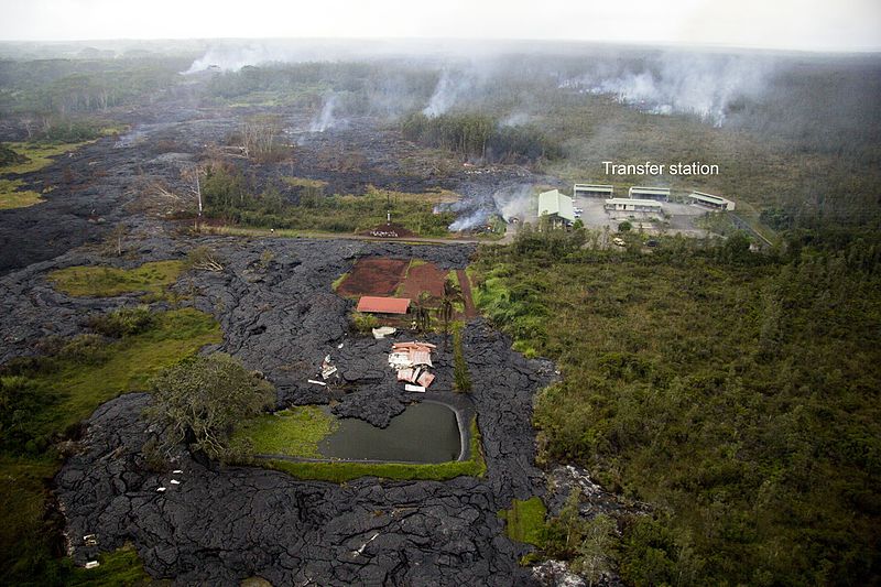 Lava flow from Kīlauea's Puʻu ʻŌʻō crater. Lava has destroyed a house and threatens a transfer station.