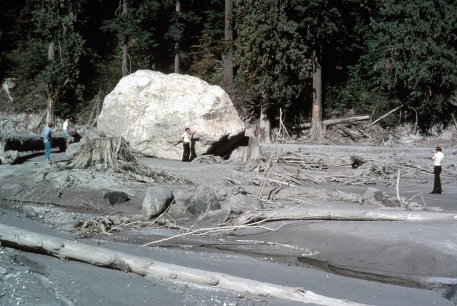 Mud left behind from the lahar after the May 18, 1980 eruption of Mt. St. Helens. The lahar carried an enormous boulder to its present location.