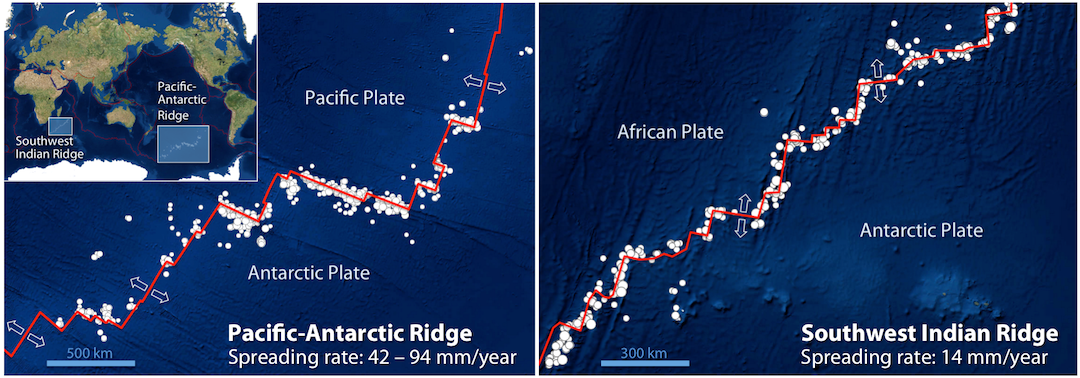 Locations of earthquakes of magnitude 4 and greater from 1990 to 2010 along two mid-ocean ridges. Plate boundaries are marked in red. Arrows show the direction of plate motion. Left: Rapidly spreading Pacific-Antarctic ridge with earthquakes concentrated along transform faults. Right: Slowly spreading Southwest Indian Ridge, with earthquakes along both spreading segments and transform faults. Source: Karla Panchuk (2017) CC BY 4.0.