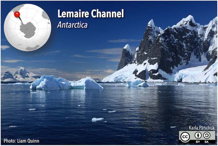 Sea ice floating in dark blue ocean water along the Antarctic Peninsula
