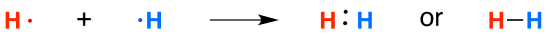 Two hydrogen atoms react to form a hydrogen molecule. Lewis dot structure and bond line drawing of H2.