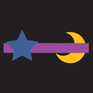 A yellow moon shape is behind a purple bar and a blue star shape is in front of the purple bar.