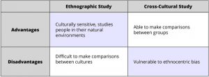 Advantages and disadvantages of two types of cultural study. 1. Ethnographic Study. Advantages: Culturally sensitive; studies people in their natural environment. Disadvantages: Difficult to make comparisons between cultures. 2. Cross-Cultural Study. Advantages: Able to make comparisons between groups. Disadvantages: Vulnerable to ethnocentric bias.