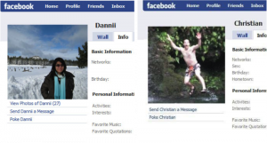 Two Facebook profiles. Danni is a Hong-Kong Chinese woman. Her profile photo shows her standing placidly in a snow covered field with the hint of a smile on her face. In contrast, is the Facebook profile of Christian. He is a European-American man. His profile photo shows him dressed only in shorts and sandals as he jumps into a lake. Christian is shouting and waving his arms as he jumps.