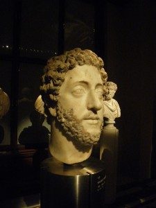 The head of a statue with a blank expression.