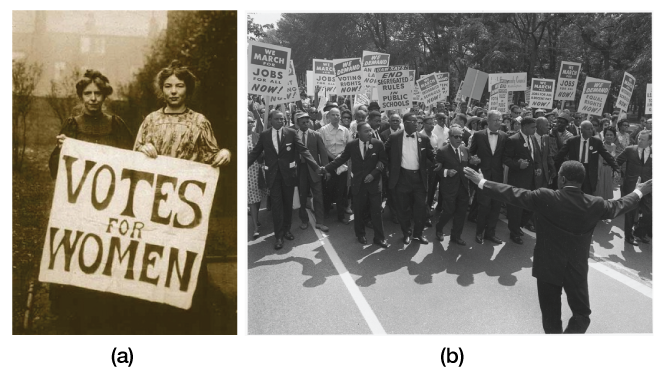 (A) Women advocate for voting rights. (B) African Americans march for civil rights