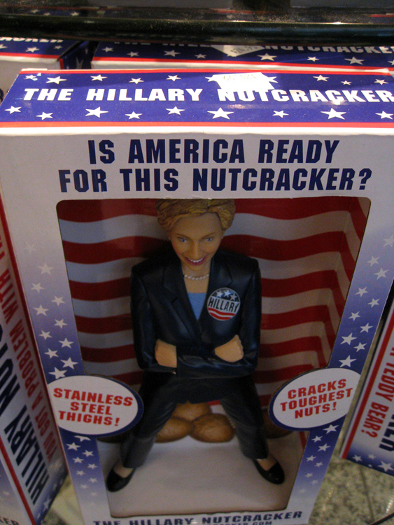 A nutcracker for sale that looks like Hillary Clinton. Long description available