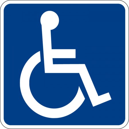 A blue sign of a stick person in a wheelchair.