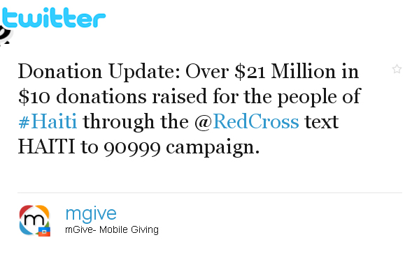 A twitter post encouraging people to text to donate to the people of Haiti through the Red Cross.