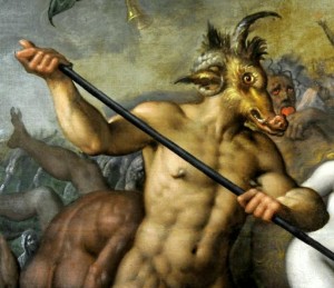 The devil is depicted as a man with an animalistic head and spear.