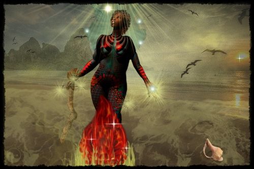 A woman standing on a mystical beach in front of a fire.