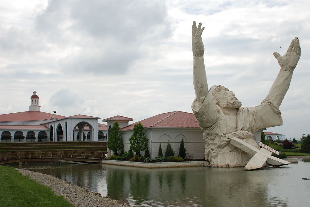 A 19 meter tall statue of Jesus from the chest up with his face and arms reaching towards the sky.