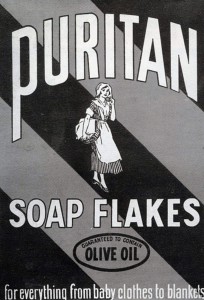 An advertisement that says, "Puritan Soap Flakes, for everything from baby clothes to blankets."
